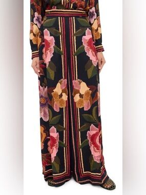 NWT FARM Rio Chenille Flowers and Stripes Print Pants in Black